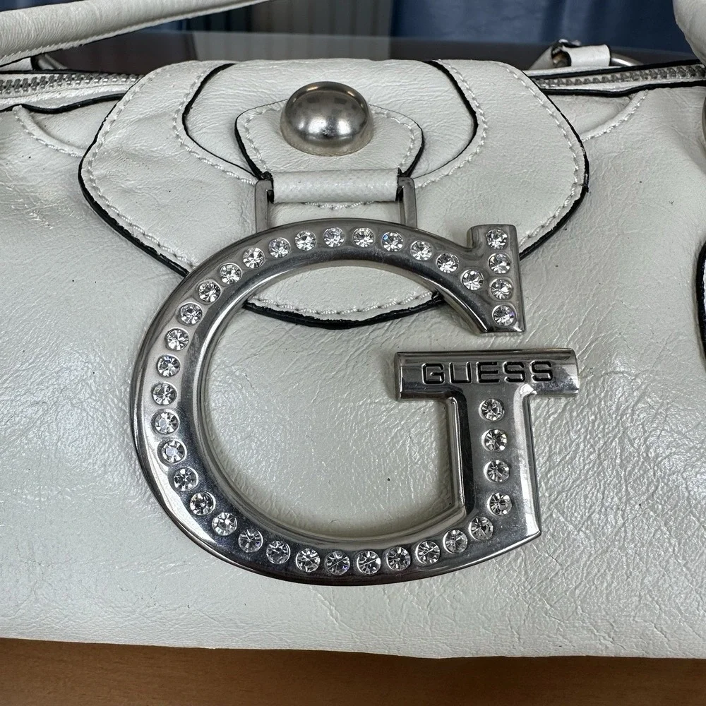 G By‎ Guess Cream Handbag Vintage Y2k Buckle Detail Studded Satchel Silver *New*